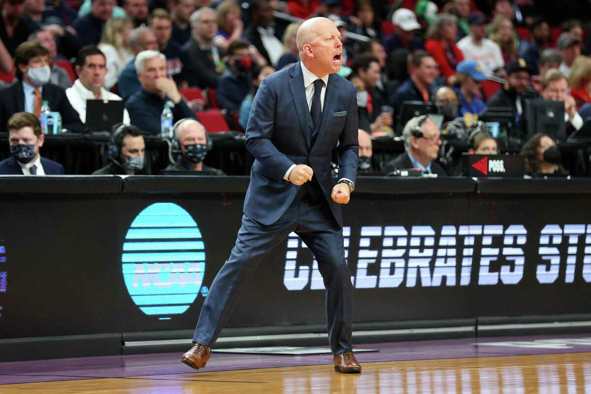 PORTLAND, OREGON - MARCH 17: Head coach Mick Cronin of the UCLA Bruins reacts in the first round game against the Akron Zips during the 2022 NCAA Men's Basketball Tournament at Moda Center on March 17, 2022 in Portland, Oregon. (Photo by Abbie Parr/Getty Images)