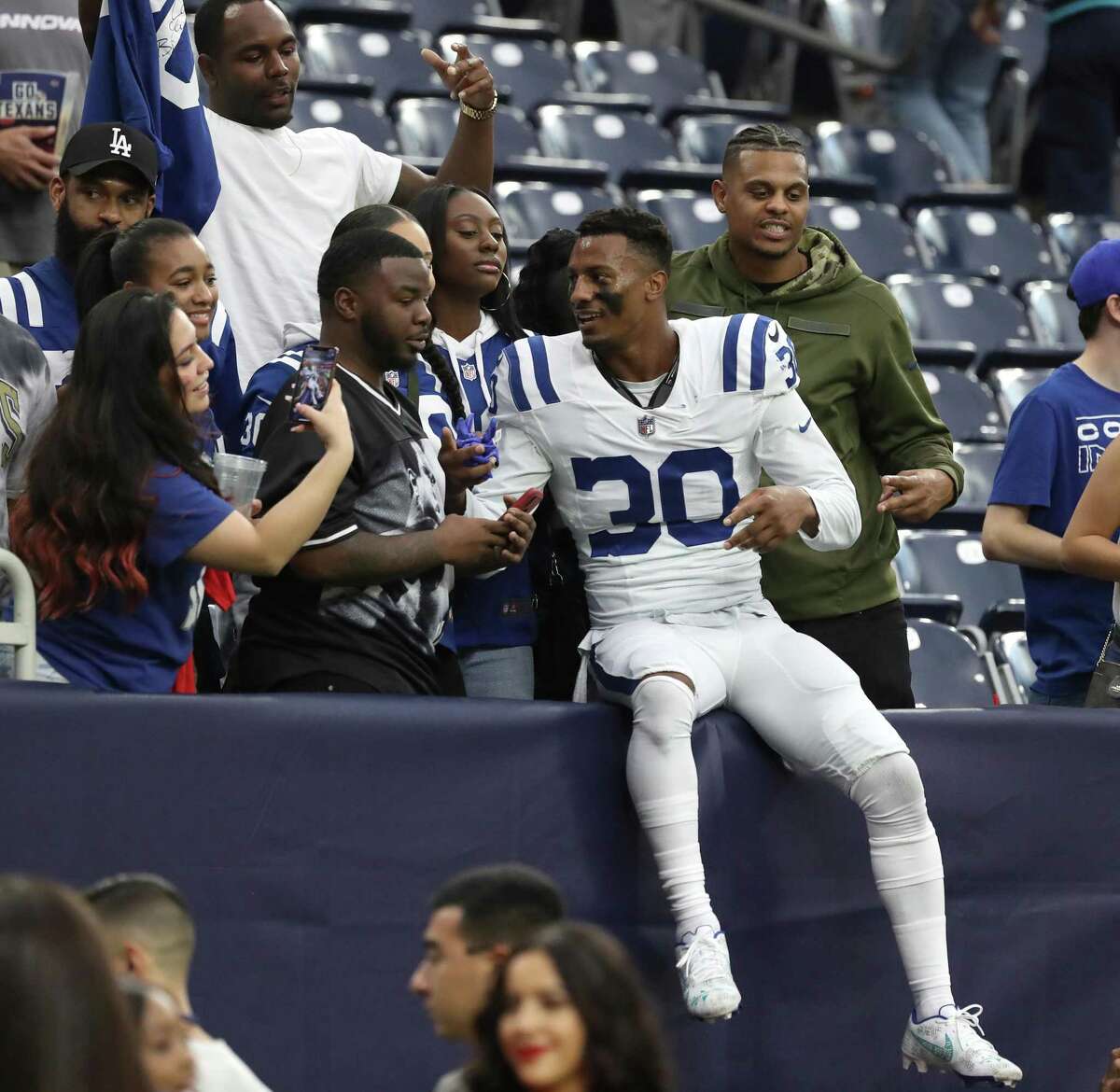 Indianapolis Colts safety George Odum (30) celebrates the Colts 31-0 victory over the Houston Texans after an NFL football game at NRG Stadium, Sunday, Dec. 5, 2021 in Houston.
