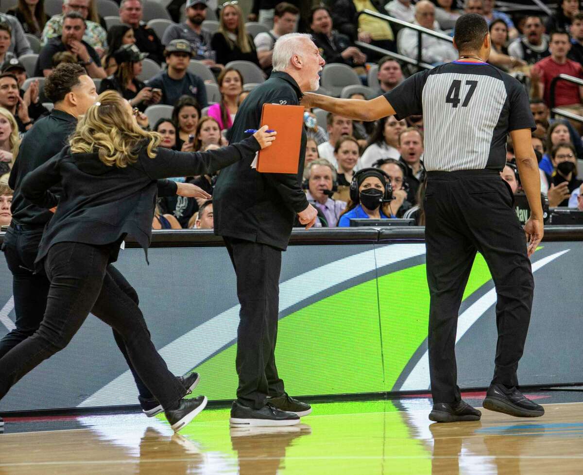 Spurs coach Gregg Popovich yells at a referee Friday night, March 18, 2022 at the AT&T Center shortly before receiving a technical foul and being ejected from the game during the first half of the SpursÕ game against the New Orleans Pelicans.