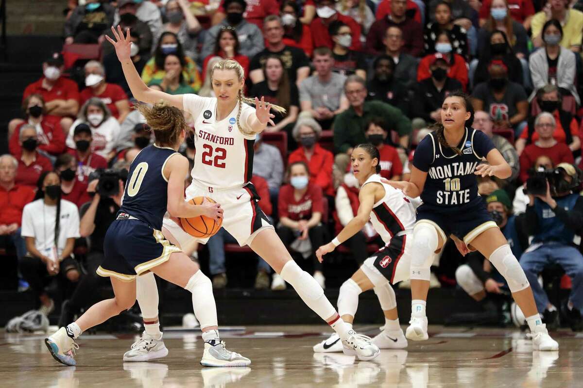 Stanford's Cameron Brink and Anna Wilson defend Montana State's Darian White (0) and Kola Bad Bear in 1st quarter during NCAA Division I Women's Basketball Championship First Round game at Maples Pavilion in Stanford, Calif., on Friday, March 18, 2022.