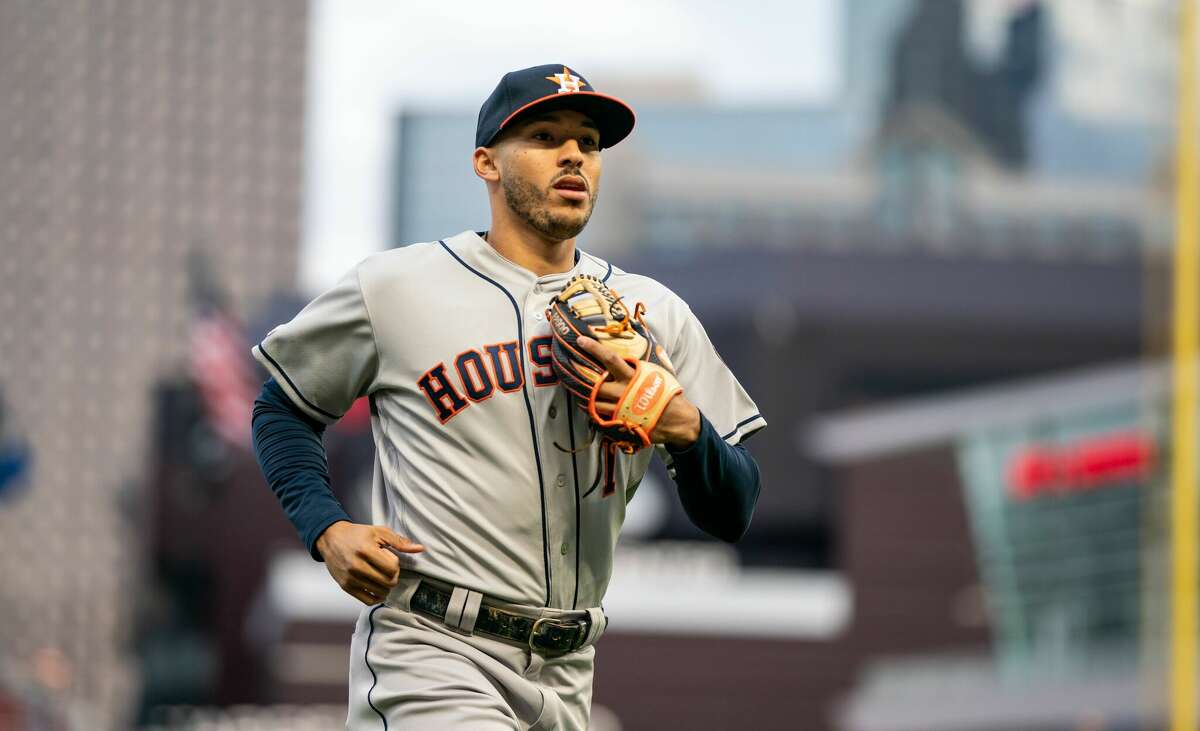 Carlos Correa #1 of the Houston Astros looks on against the Minnesota Twins on April 29, 2019 at the Target Field in Minneapolis, Minnesota.