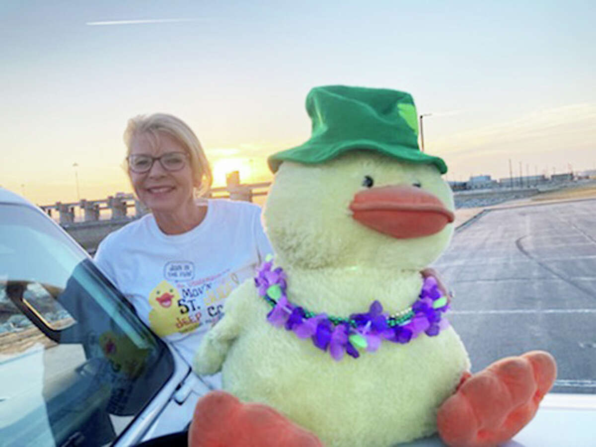 Mr. Vanderquck poses for a photo during an appearance in the Alton area. The giant plush duck is the ambassador for a Jeep-related fundraising effort for St. Jude Children’s Research Hospital started by East Alton resident Lisa Unverzagt.