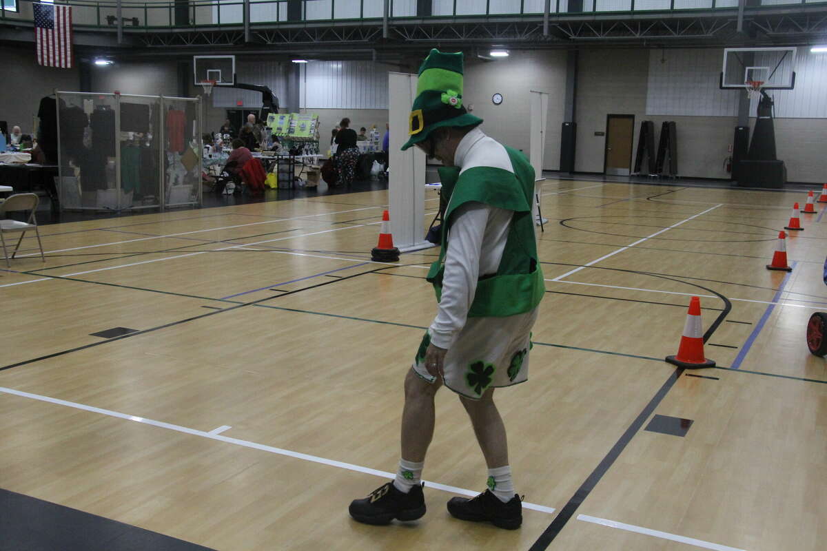 Raymond Bugg, of the Bugg's, tested out the MSP's Fatal Vision Pedal Cars with goggles on.