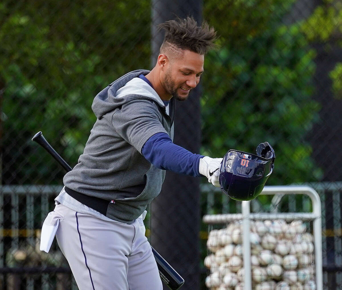 Houston Astros Yuli Gurriel takes a bow after he homered off of pitcher Framber Valdez during a live batting practice session at spring training workout in The Ballpark of the Palm Beaches facility on Saturday, March 19, 2022 in West Palm Beach .