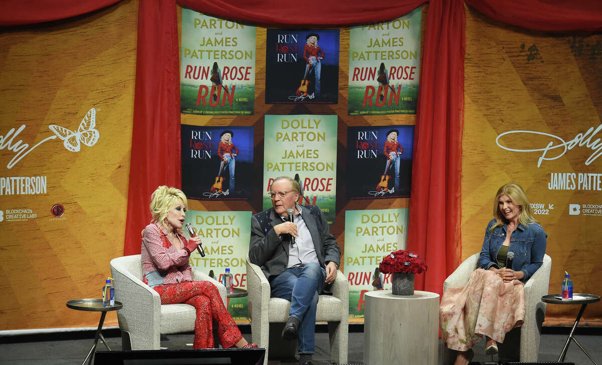 Dolly Parton and James Patterson in conversation with Connie Britton at ACL Live during Blockchain Creative Labs’ Dollyverse event at SXSW.