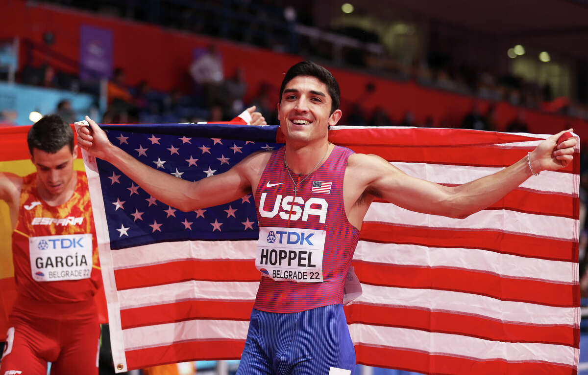 BELGRADE, SERBIA - MARCH 19: Bronze Medallist Bryce Hoppel of USA reacts following the Men's 800 Metres Final during Day Two of the World Athletics Indoor Championships at Belgrade Arena on March 19, 2022 in Belgrade, Serbia. (Photo by Alex Pantling/Getty Images)