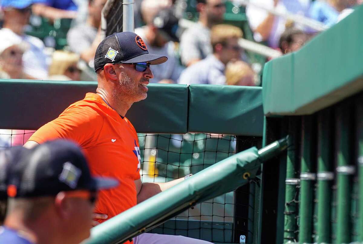 Houston Astros bench coach Joe Espada in the dugout during a MLB spring training game at Roger Dean Chevrolet Stadium on Saturday, March 19, 2022 in Jupiter .