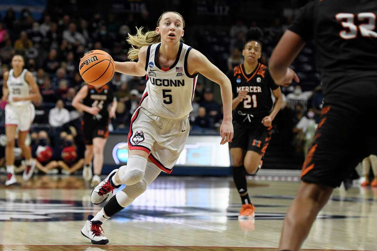 UConn’s Paige Bueckers drives to the basket during the first half of a first-round game against Mercer in the NCAA tournament on Saturday in Storrs.