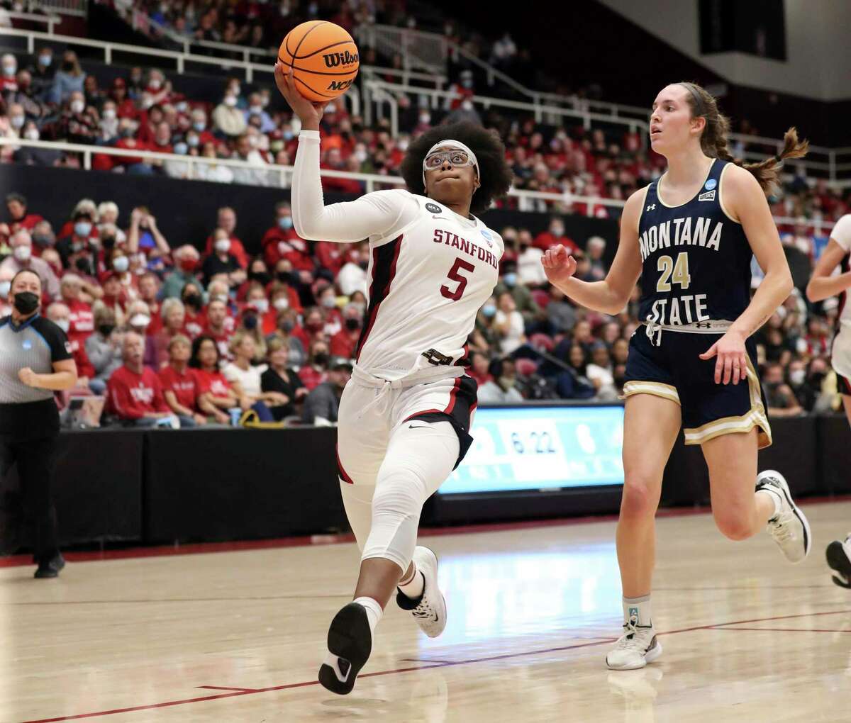 Francesca Belibi (5) and her Stanford teammates will face Kansas in an NCAA Tournament game at Maples Pavilion at 6 p.m. Sunday. (ESPN)
