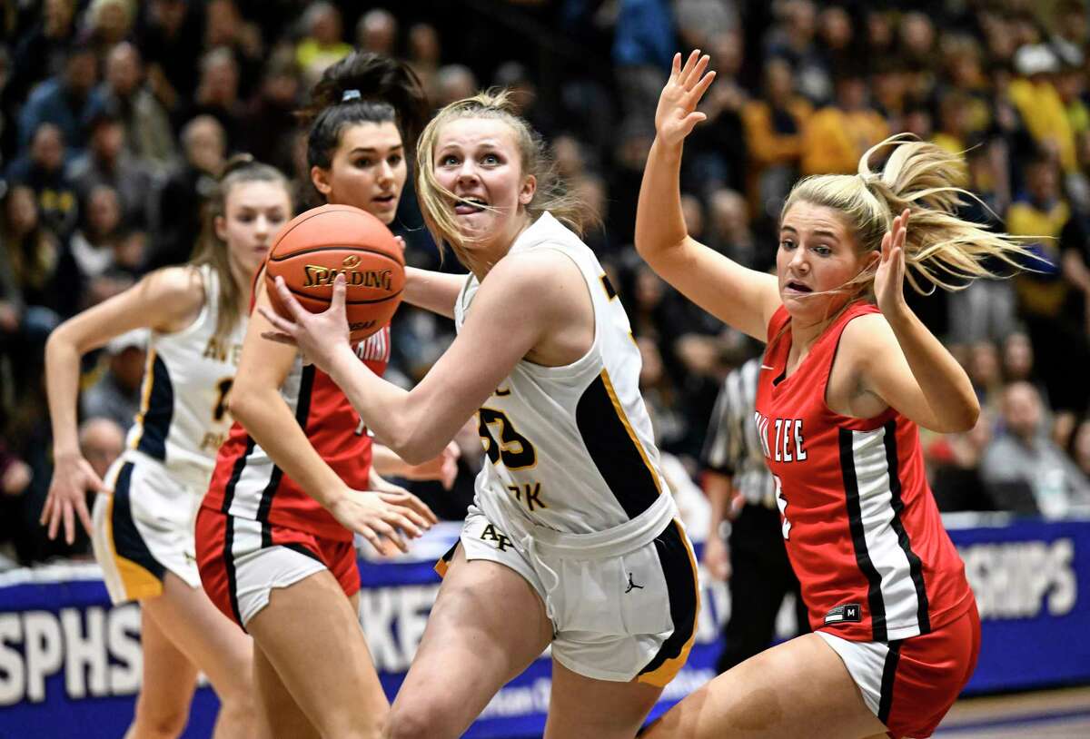 Averill Park's Amelia Wood (33) drives to the basket against Tappan Zee during the New York State Public High School Athletic Association girls' Class A final basketball game on Saturday, March 19, 2022, in Troy, N.Y.