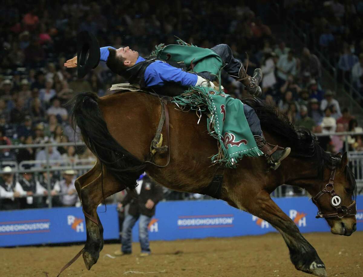 Jess Pop wins bareback riding in Super Series Championship Round with 89.0 points at Houston Livestock Show and Rodeo Saturday, March 19, 2022, at NRG Stadium in Houston.