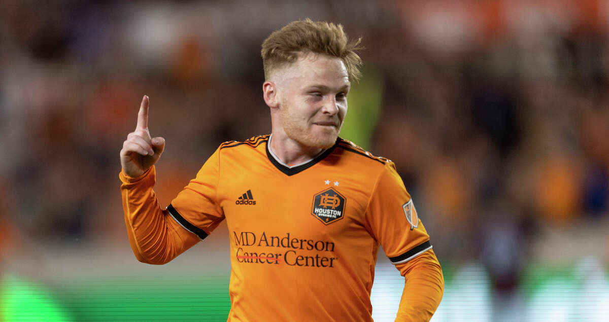 Houston Dynamo forward Tyler Pasher (19) celebrates his goal against the Colorado Rapids in the second half at PNC Stadium on March 19, 2022 in Houston. Houston Dynamo tied the Colorado Rapids 1 to 1.