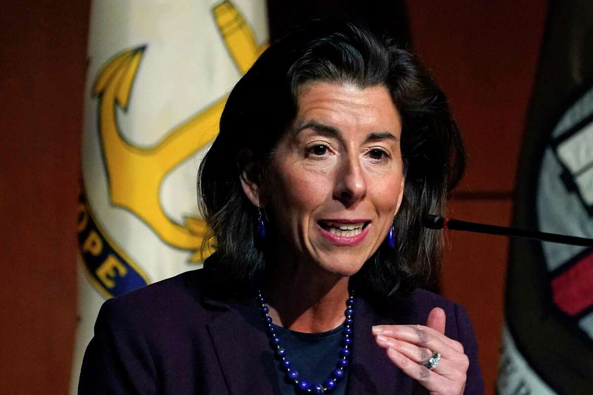 FILE - U.S. Secretary of Commerce Gina Raimondo speaks during an address at Brown University, March 15, 2022, in Providence, R.I. Just days before Russia invaded Ukraine on Feb. 24, President Joe Biden quietly dispatched a team to European Union headquarters in Belgium. Raimondo said what ultimately drove the agreement to an export ban and the groundwork to immobilize about half the foreign holdings of Russia's central bank, was the threat of Putin's imminent attack on Ukraine.