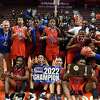 Bloomfield celebrates winning the CIAC Div IV Basketball Championship on Sunday March 20, 2022 played at Mohegan Sun Arena in Uncasville, CT.