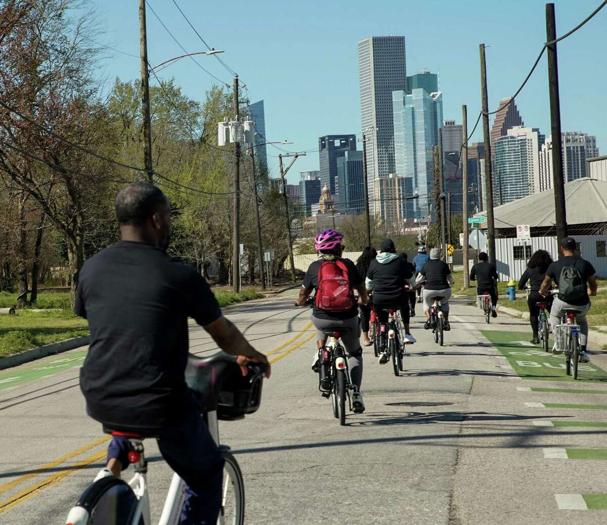 Our Afrikan Family takes people through the "Storytime Bike Line" tour, a bike tour of Fifth Ward to teach residents and non-residents about the rich history of one of Houston's oldest Black neighborhoods, on Saturday, March 19, 2022, in Houston.