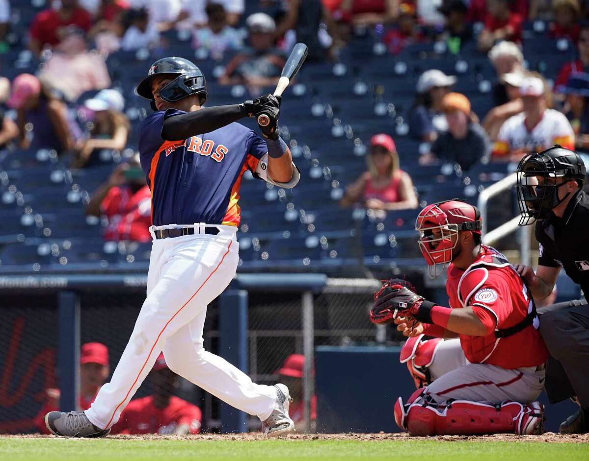 Houston Astros J.C. Correa at bat in the fourth inning during a MLB spring training game at The Ballpark of the Palm Beaches on Sunday, March 20, 2022 in West Palm Beach.
