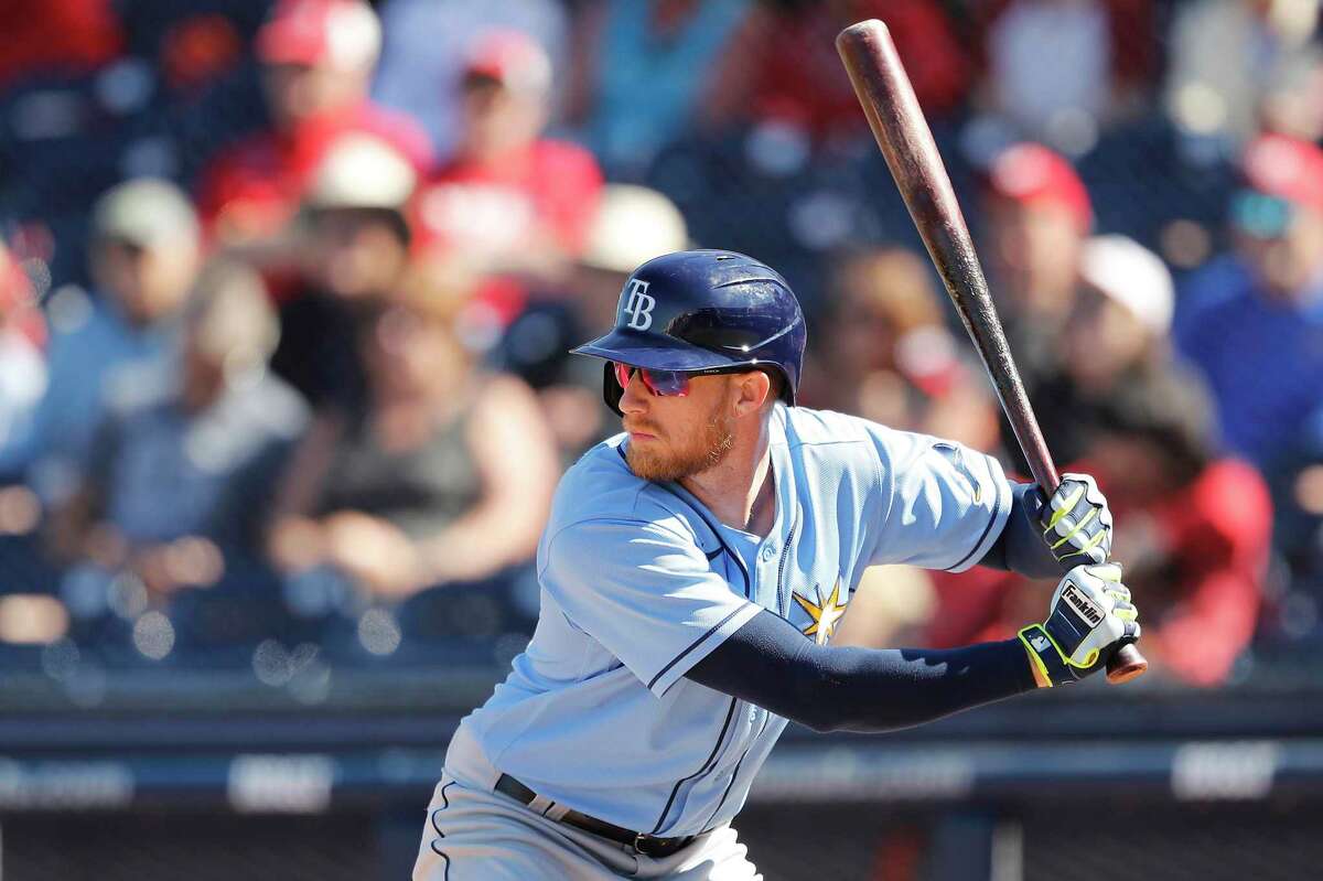 Dalton Kelly of the Tampa Bay Rays bats against the Washington Nationals in a 2020 Grapefruit League spring training game.