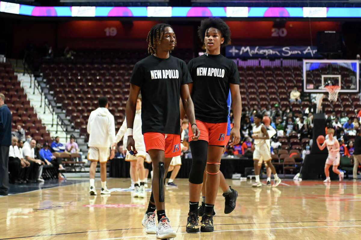 Bloomfield senior Lake McLean debuted his clothing line, 'New Apollo' Sunday prior to the CIAC Division IV boys basketball championship game between Bloomfield and Granby at Mohegan Sun Arena in Uncasville.