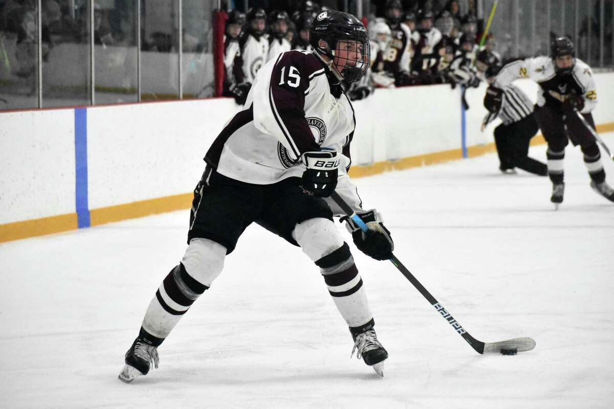 North Haven’s William Sullivan prepares to take a shot during the CIAC Division II boys hockey semifinals.