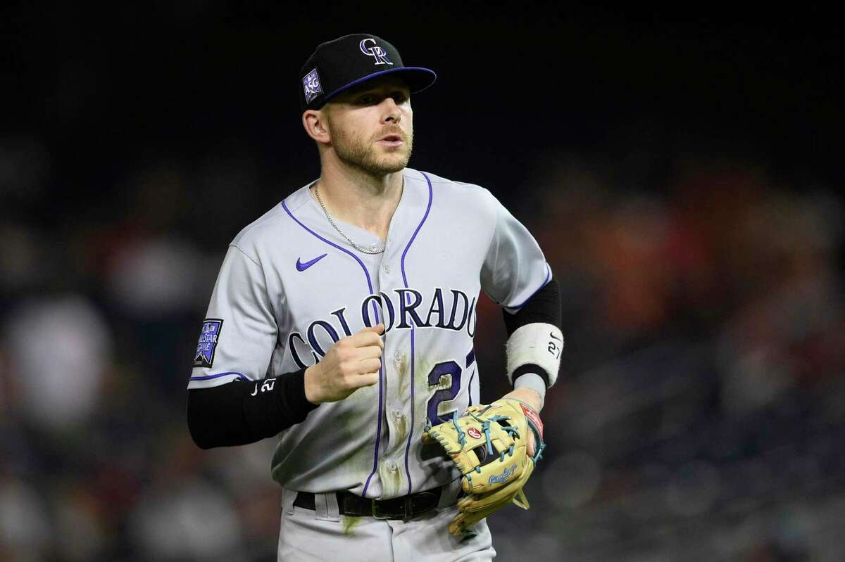 FILE -Colorado Rockies shortstop Trevor Story (27) during a baseball game against the Washington Nationals, Friday, Sept. 17, 2021, in Washington. The Red Sox have reportedly agreed to terms with Rockies All-Star shortstop Trevor Story on a six-year, $140 million contract that would bring him to Boston to play second base, Sunday, March 20, 2022..(AP Photo/Nick Wass, File)