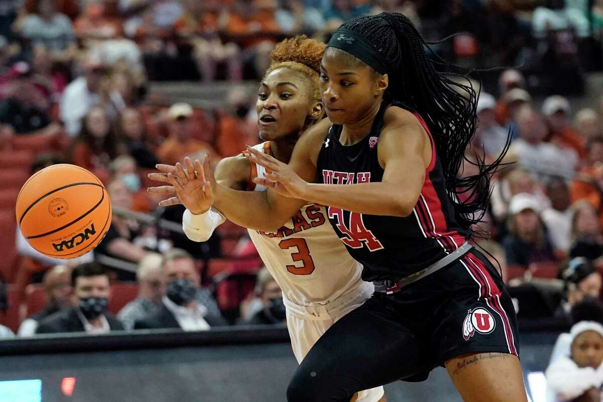 Texas guard Rori Harmon (3) and Utah forward Dasia Young (34) chase a loose ball during the first half of a college basketball game in the second round of the NCAA women's tournament.