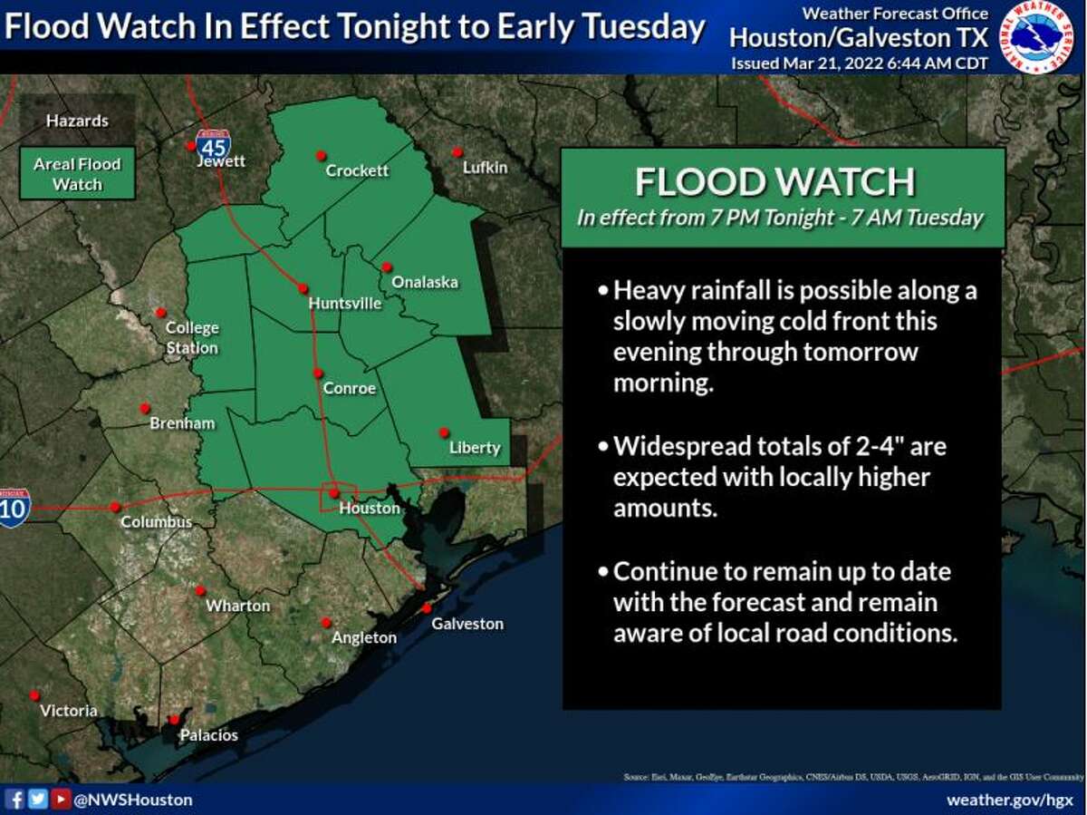 The National Weather Service has issued a flood watch for the Houston area beginning at 7 p.m. Monday.