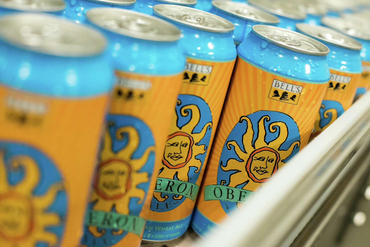 Oberon 16 oz cans on the canning line, for Florida and Arizona A photo of Oberon beer made by Bell's Brewery in Comstock and Kalamazoo 