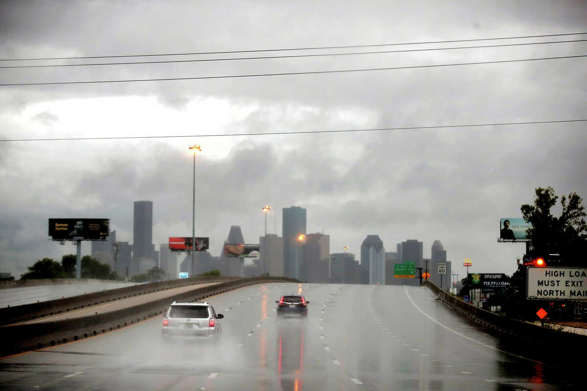 Rain batters the downtown area in August 2017 in Houston.