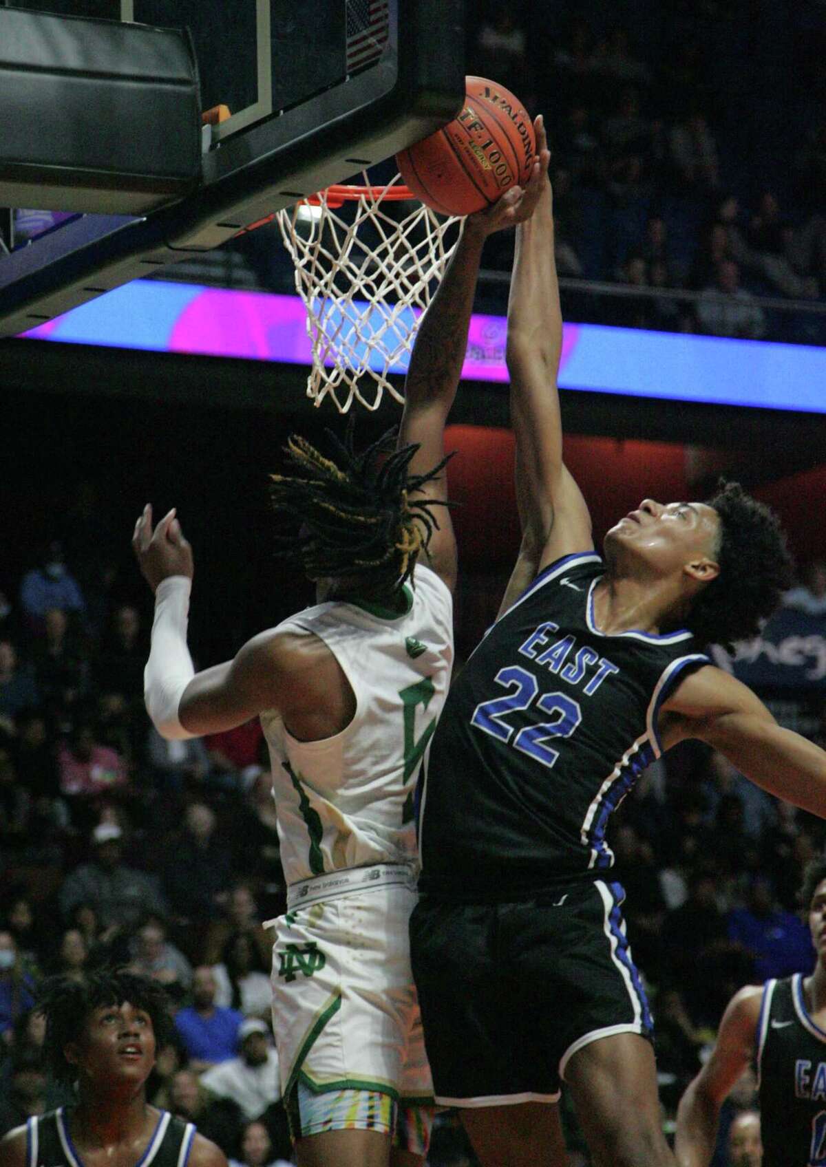 James Jones goes up for a blocked shot for East Catholic defeated Notre Dame-West Haven 50-49 in the CIAC 2022 State Boys Basketball Tournament Division I Finals at the Mohegan Sun Arena on March 20, 2022 in Uncasville, Connecticut.