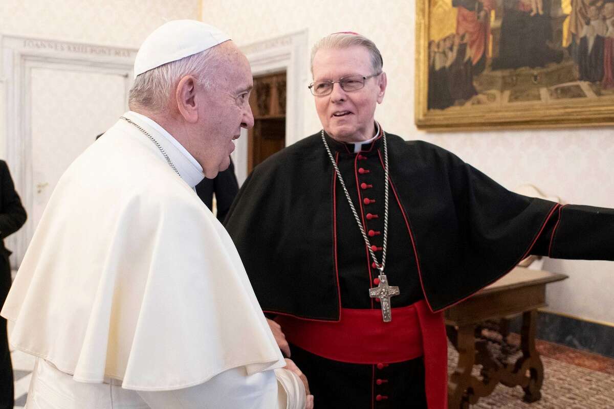 Pope Francis, left, with Albany Roman Catholic Bishop Edward B. Scharfenberger, who is in Rome this week visiting the Vatican and will take part in a Mass celebrated by the Pope on Friday to seek divine intervention to end the war in Ukraine.
