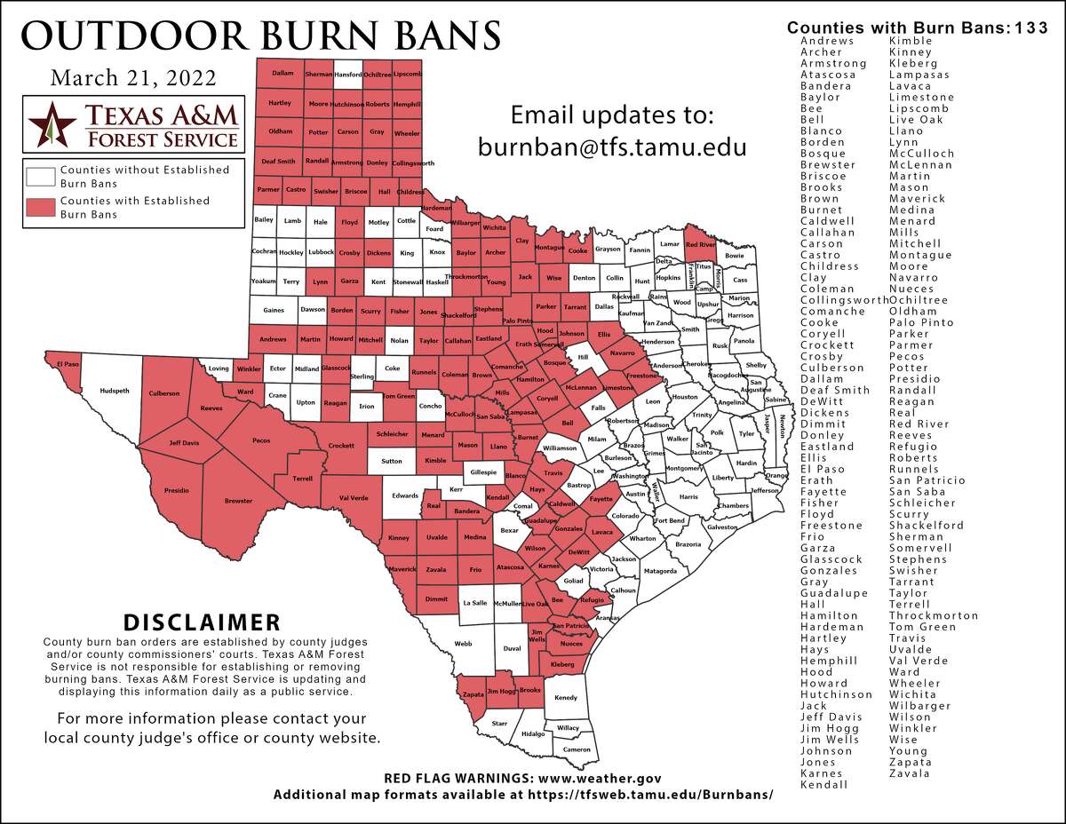 Texas counties with burn bans of March 21, 2022. 