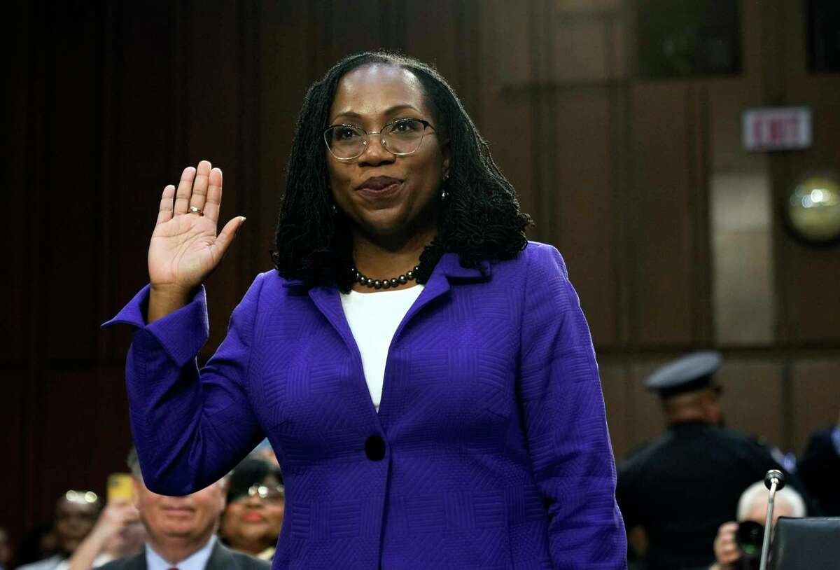 WASHINGTON, DC - MARCH 21: U.S. Supreme Court nominee Judge Ketanji Brown Jackson is sworn-in during her confirmation hearing before the Senate Judiciary Committee in the Hart Senate Office Building on Capitol Hill March 21, 2022 in Washington, DC. Judge Ketanji Brown Jackson, President Joe Biden's pick to replace retiring Justice Stephen Breyer on the U.S. Supreme Court, will begin four days of nomination hearings before the Senate Judiciary Committee. If confirmed by the Senate, Judge Jackson would become the first Black woman to serve on the Supreme Court. (Photo by Drew Angerer/Getty Images)