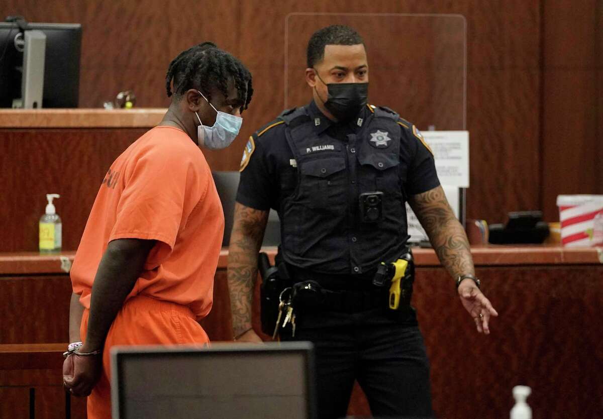 Montavius Wright is shown during a court appearance Friday, March 18, 2022 in Houston. He is charged with murder in the shooting death of his boss, Doran Kelly, at Cedar Gate Technologies, located on the 10th floor of 20 Greenway Plaza.