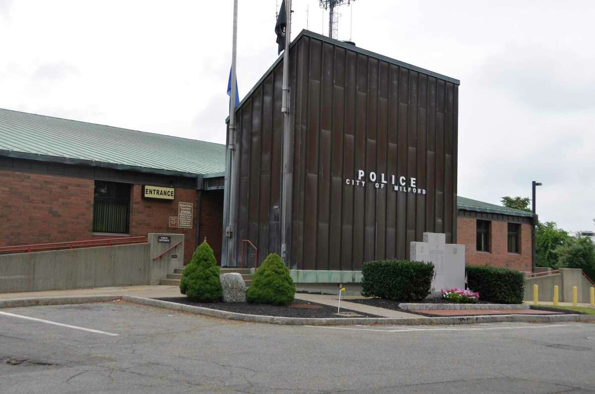 The Milford, Conn., police headquarters building. Police said they have arrested a juvenile suspect in connection with the theft of a Lexus from a car dealership on April 5, 2022.