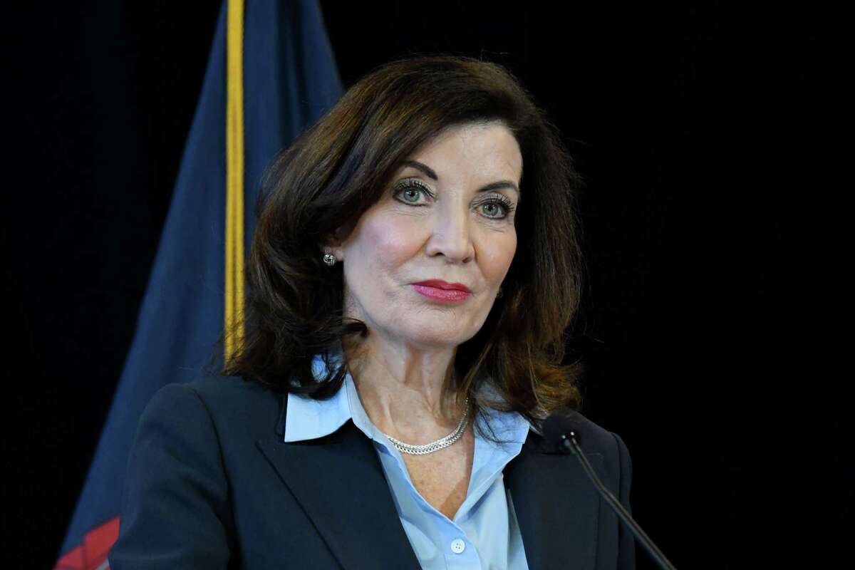 Gov. Kathy Hochul gives an update on the state's progress combating COVID-19 on Monday, March 21, 2022, during a press conference at the David Axelrod Institute in Albany, N.Y.