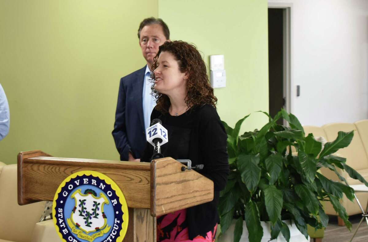 Katie Dykes, commissioner of the Connecticut Department of Energy and Environmental Protection, speaks alongside Gov. Ned Lamont Monday, March 21, 2022, in Stamford, Conn.