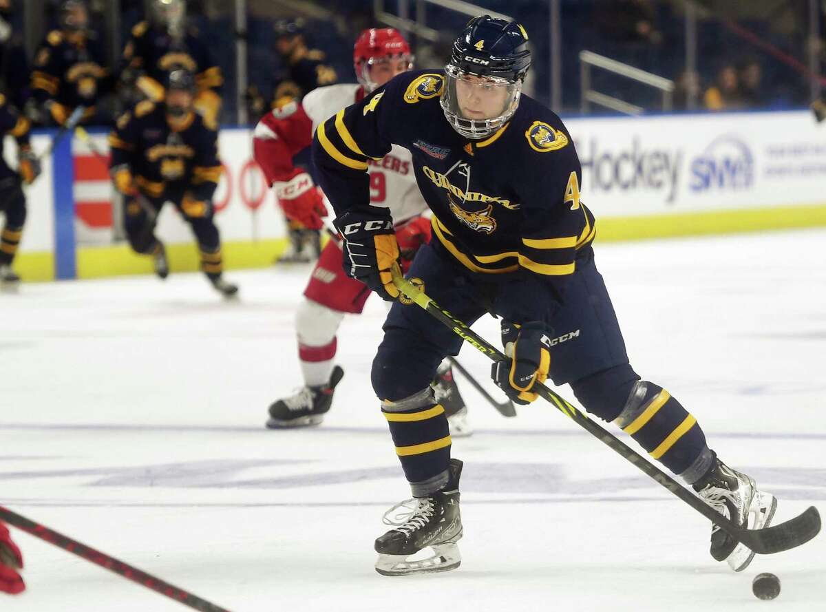 Quinnipiac’s Michael Lombardi races in on goal during a game against Sacred Heart earlier this season.
