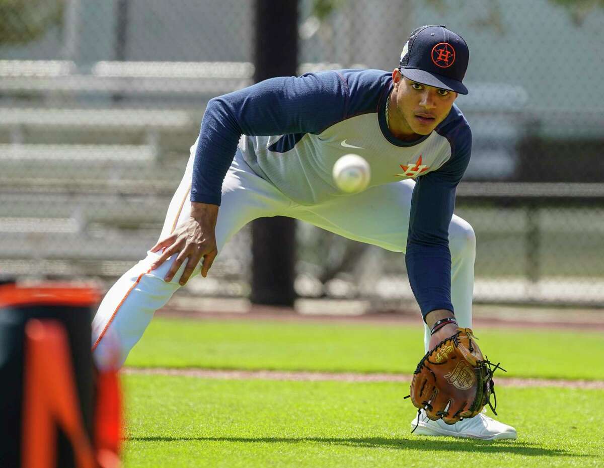 Houston Astros infielder Jeremy Peña (3) works on grounders during Astros spring training workouts at The Ballpark of the Palm Beaches facility on Monday, March 21, 2022 in West Palm Beach.