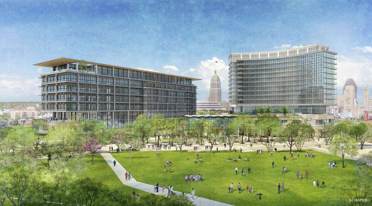 Previous renderings of Zachry Hospitality’s mixed-use development at Hemisfair, which would be redesigned under a revised proposal.