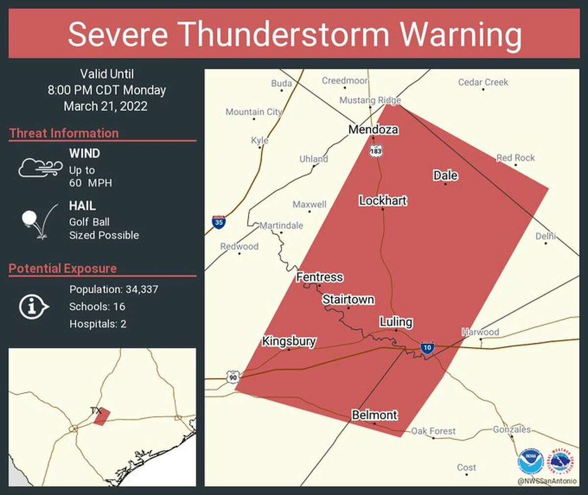 Guadalupe County emergency crews responded to Kingsbury just before 7 p.m. due to multiple reports of structure damage, injuries and downed power lines.