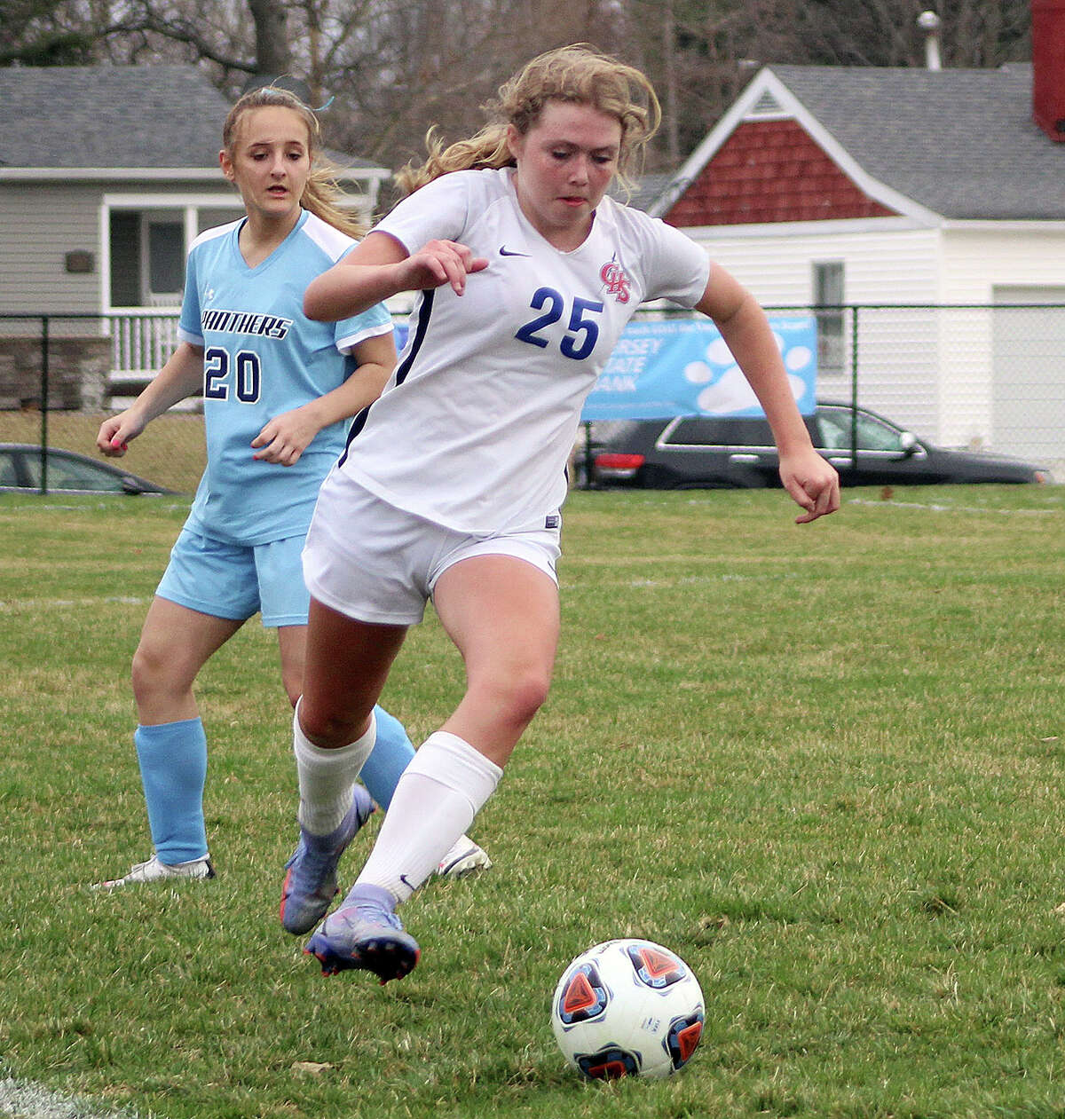 Marlee Whitler of Carlinville  (25) scored three goals in the Cavies' 7-1 home SCC win over Staunton Wednesday.