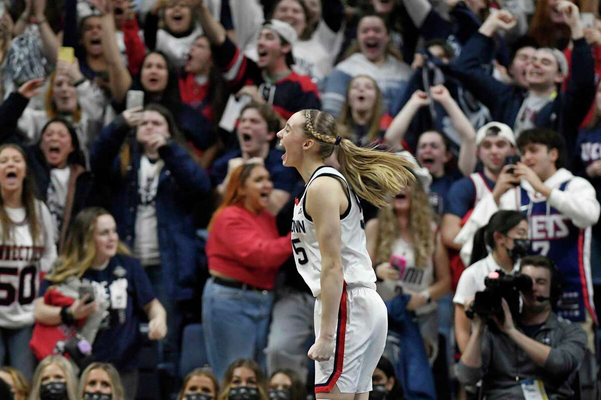 UConn’s Paige Bueckers reacts at the end of a second-round women’s college basketball game against Central Florida in the NCAA tournament on Monday, March 21, 2022, in Storrs, Conn.