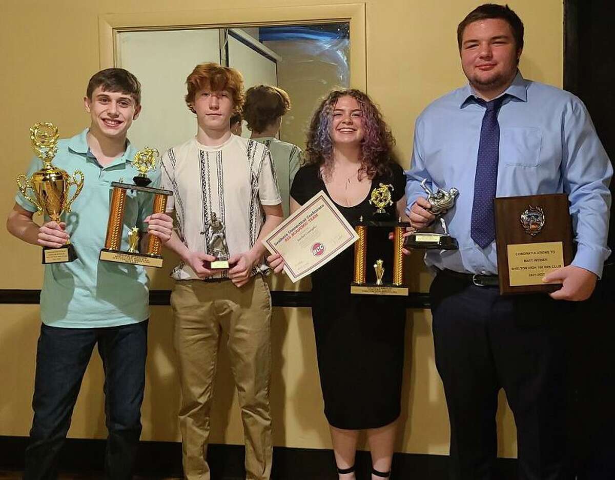 Shelton wrestling recognized its athletes at the team banquet. Earning awards from coach Bill Maloney were senior Graham Ziperstein (Scholar Athlete, Wrestlers' Wrestler), freshman Logan Persson (Rookie of the Year), sophomore Rachel Camiglio (SCC Scholar Athlete, Coach's Award) and senior Matt Weiner (Ironman, 100 Win Club).