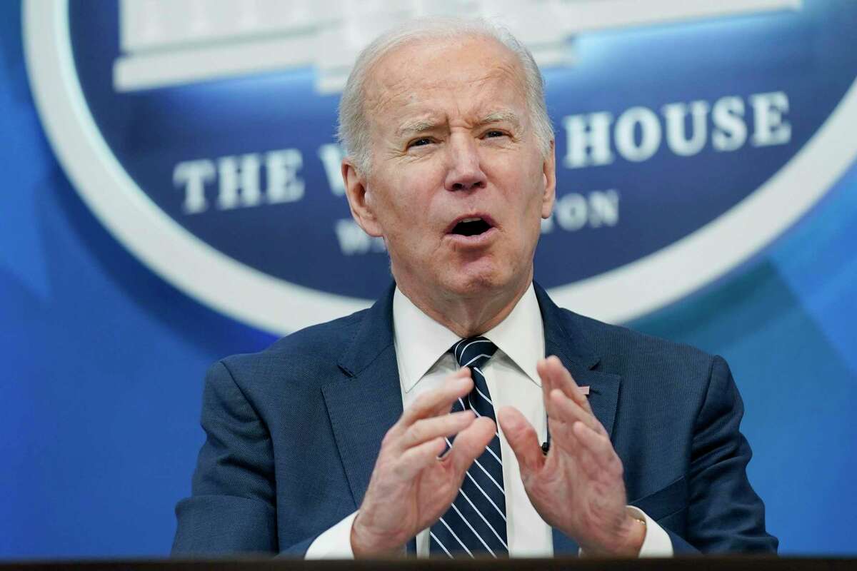 President Joe Biden speaks in the South Court Auditorium on the White House campus, March 18, 2022, in Washington.