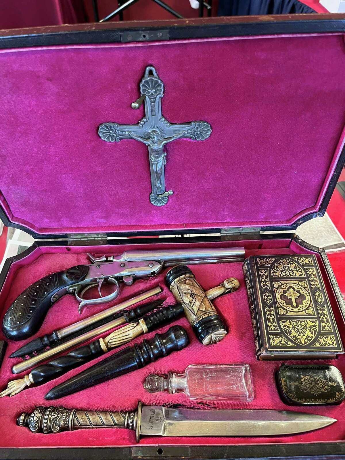 This 19th century German vampire traveling killing kit ($7,500) is one of the things Bob Axelrod will have in his Axe Antiques booth at The Compound during spring antiques week in Round Top. After "Dracula" was published in the 1890s, many Americans and British were afraid to travel in Eastern Europe, so they bought vampire killing kits such as this one, with a gun that shot wooden stakes, holy water, a bible, crucifix and a mallet for driving a wooden stake through the heart of a vampire.