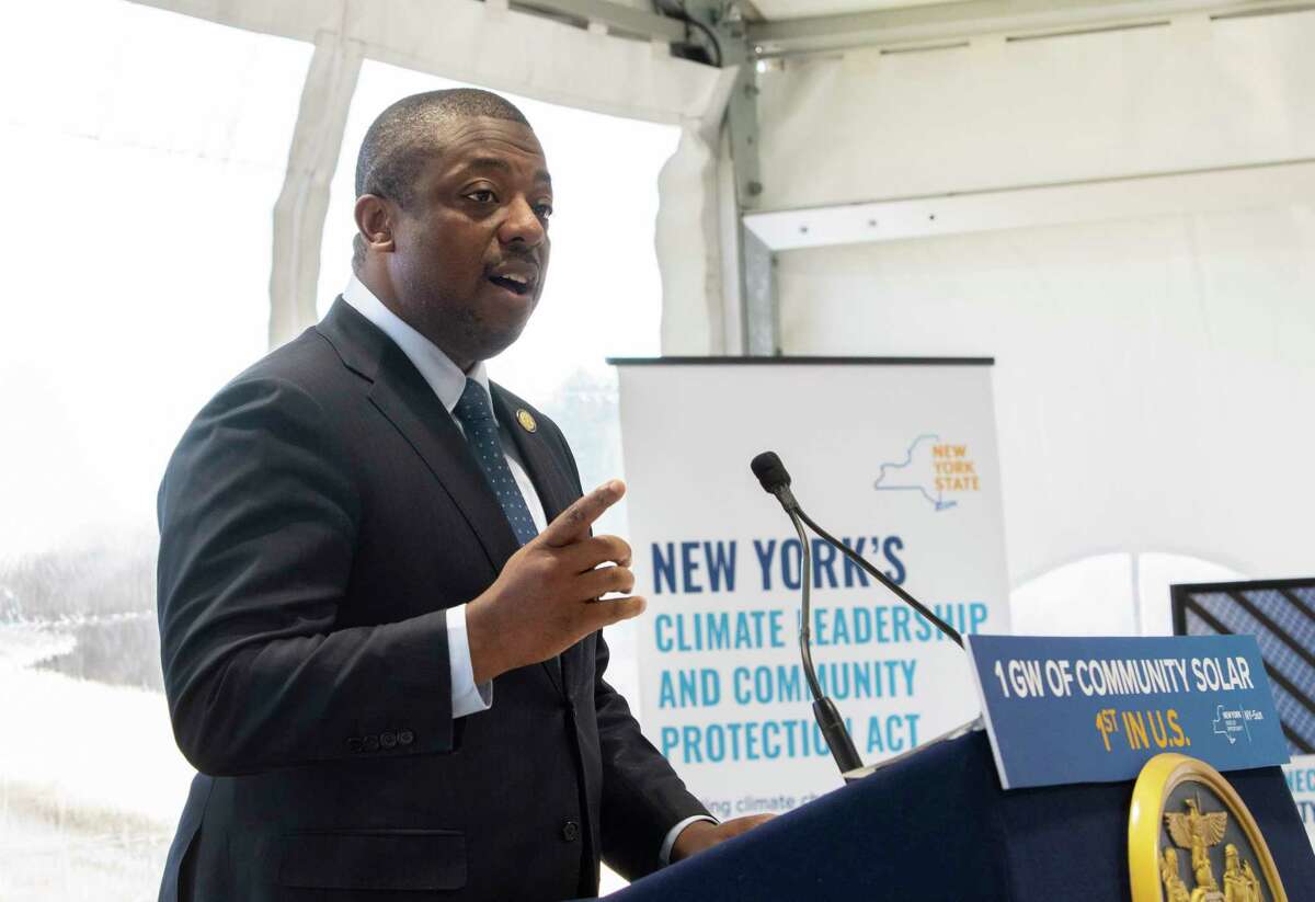 New York State Lieutenant Governor Brian Benjamin speaks makes an announcement on economic development and climate justice at the Schenectady County Community Solar Project on Tuesday, March 22, 2022 in Glenville, N.Y.