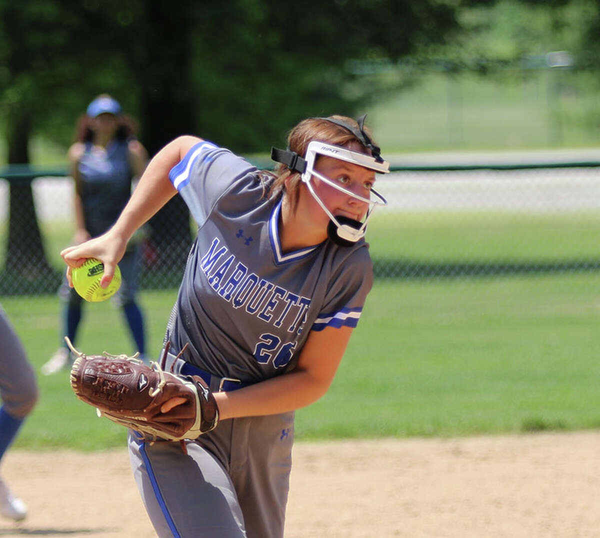 Marquette pitcher Lauren Lenihan, shown in a game last season, struck out 12 in a two-hitter to beat Calhoun 3-2 on Monday at Moore Park in Alton.