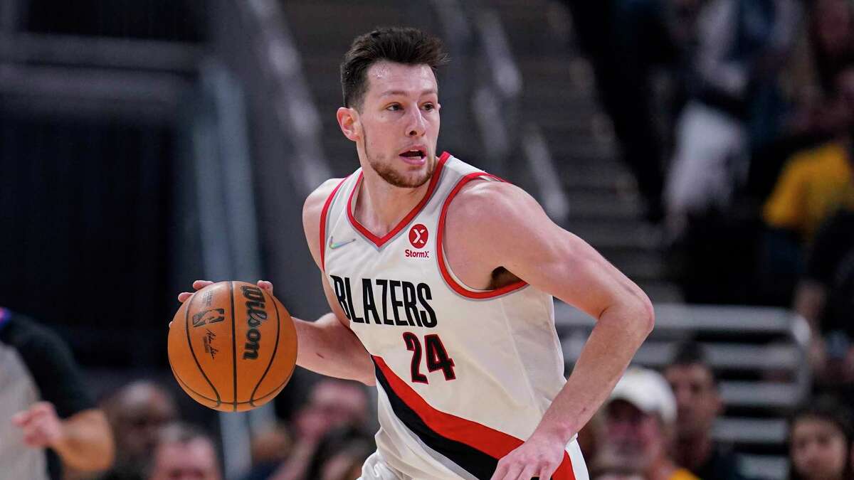 Portland Trail Blazers forward Drew Eubanks (24) plays against the Indiana Pacers during the first half of an NBA basketball game in Indianapolis, Sunday, March 20, 2022.