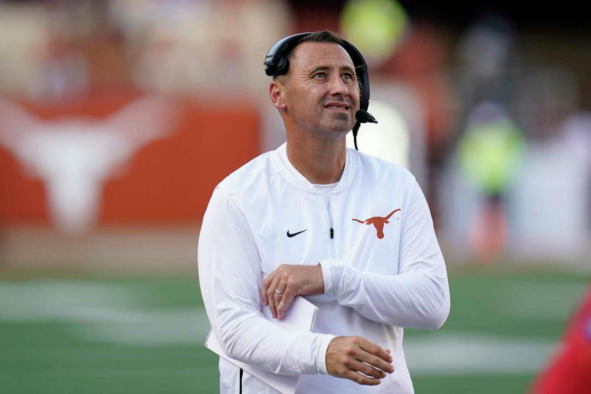 Texas coach Steve Sarkisian watches from the sideline during the second half of the team’s NCAA college football game against Louisiana-Lafayette, Saturday, Sept. 4, 2021, in Austin, Texas.