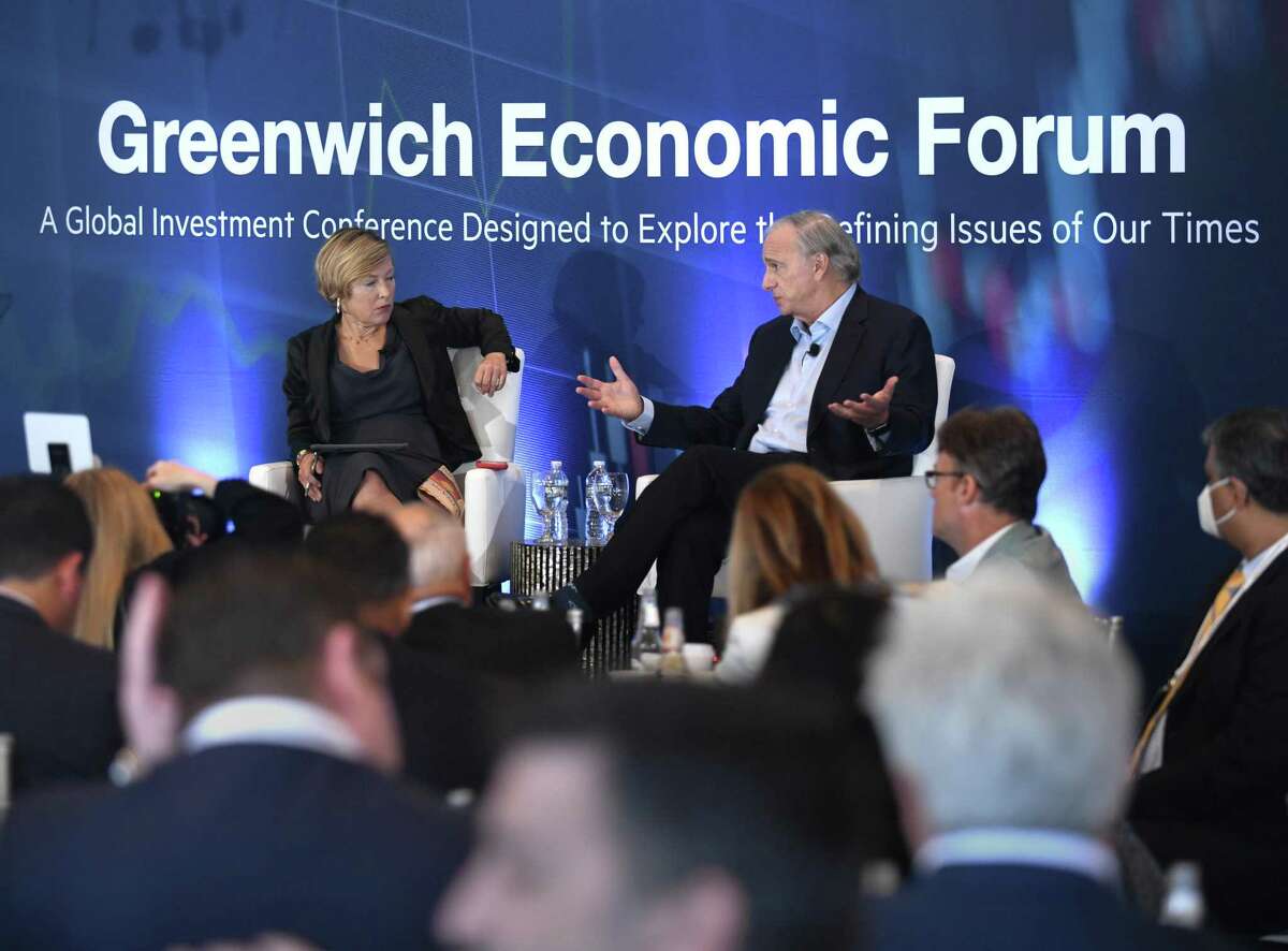 Ray Dalio, founder of Westport-based Bridgewater Associates, the world’s largest hedge fund, speaks with Gillian Tett, the Financial Times’ chairwoman of the board and editor-at-large in the U.S., during the first day of the 2021 Greenwich Forum on Sept. 21, 2021, at the Delamar hotel at 500 Steamboat Road in Greenwich, Conn. Dalio is scheduled to appear at the next GEF conference, which is set for Oct. 11-13, 2022 with the first two days taking place at the Greenwich Delamar.